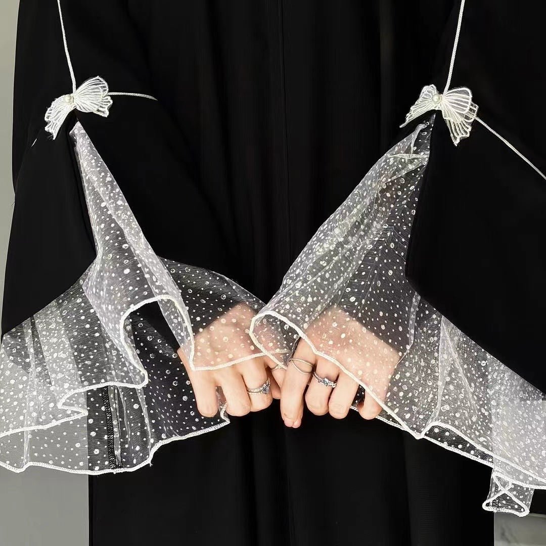 Modest Fashion Elegant Splicing Lace Abaya Butterfly Details Dress Robe.(MA159) - Mariam's Collection