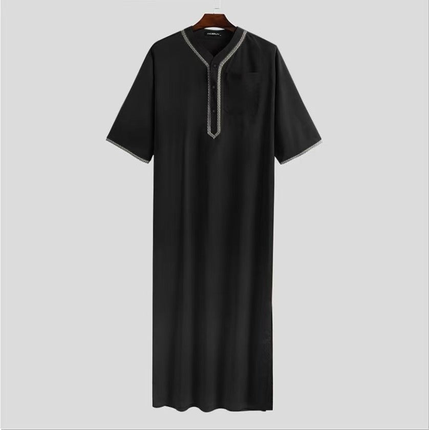 Modest Islamic Fashion Premium Long Burgundy Embroidered Thobe for Men Hooded Muslim Robe (MT027) - Mariam's Collection