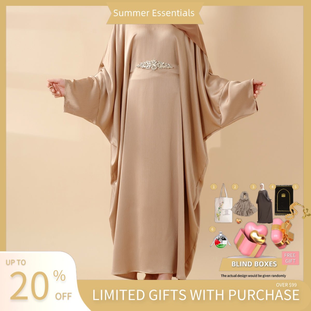 Modest Kaftan for Special Occasions: Batwing Abaya With Rhinestone Waist (MA135) - Mariam's Collection