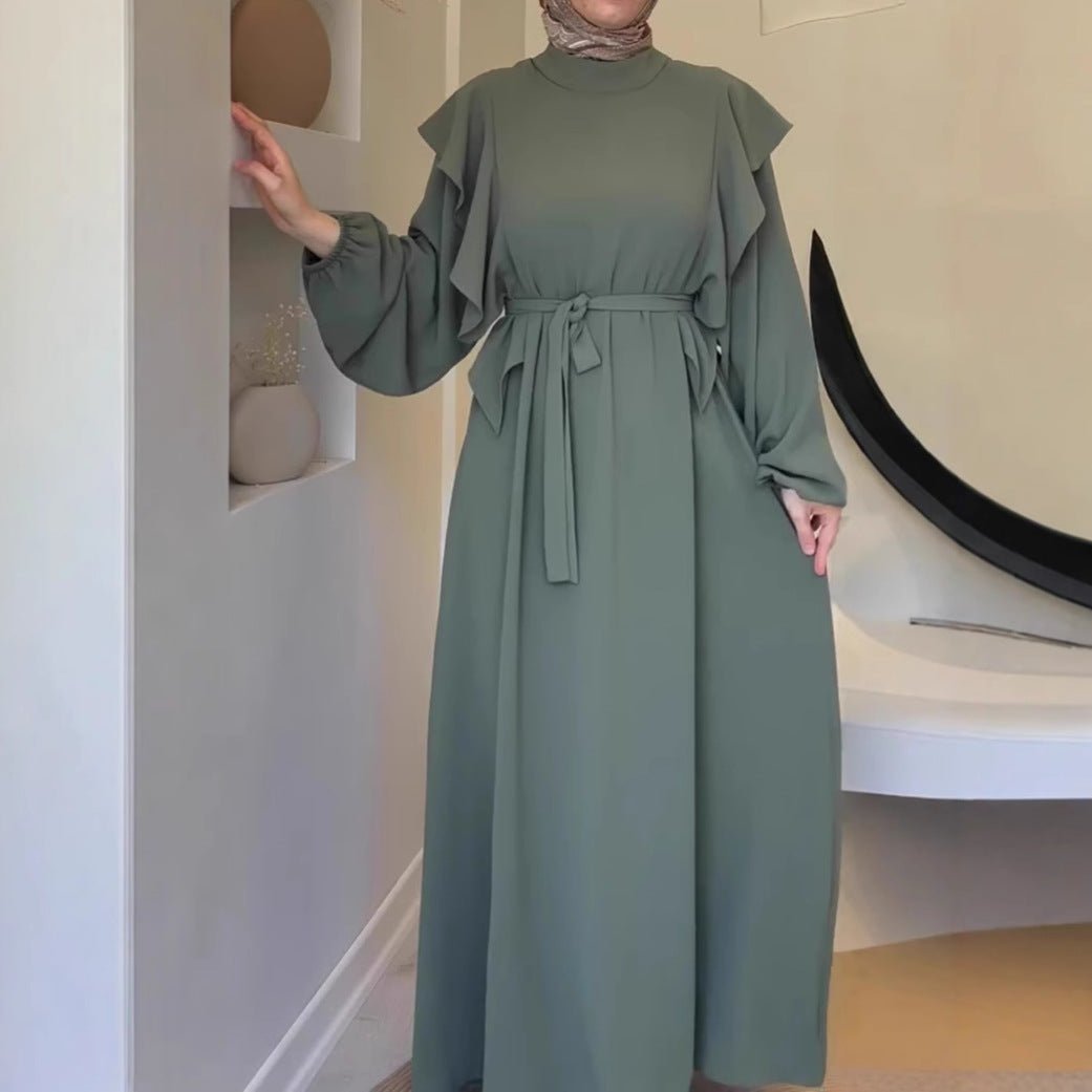Modest Long - Sleeve Ruffle Edge Abaya Set with Adjustable Belt. (MA173) - Mariam's Collection