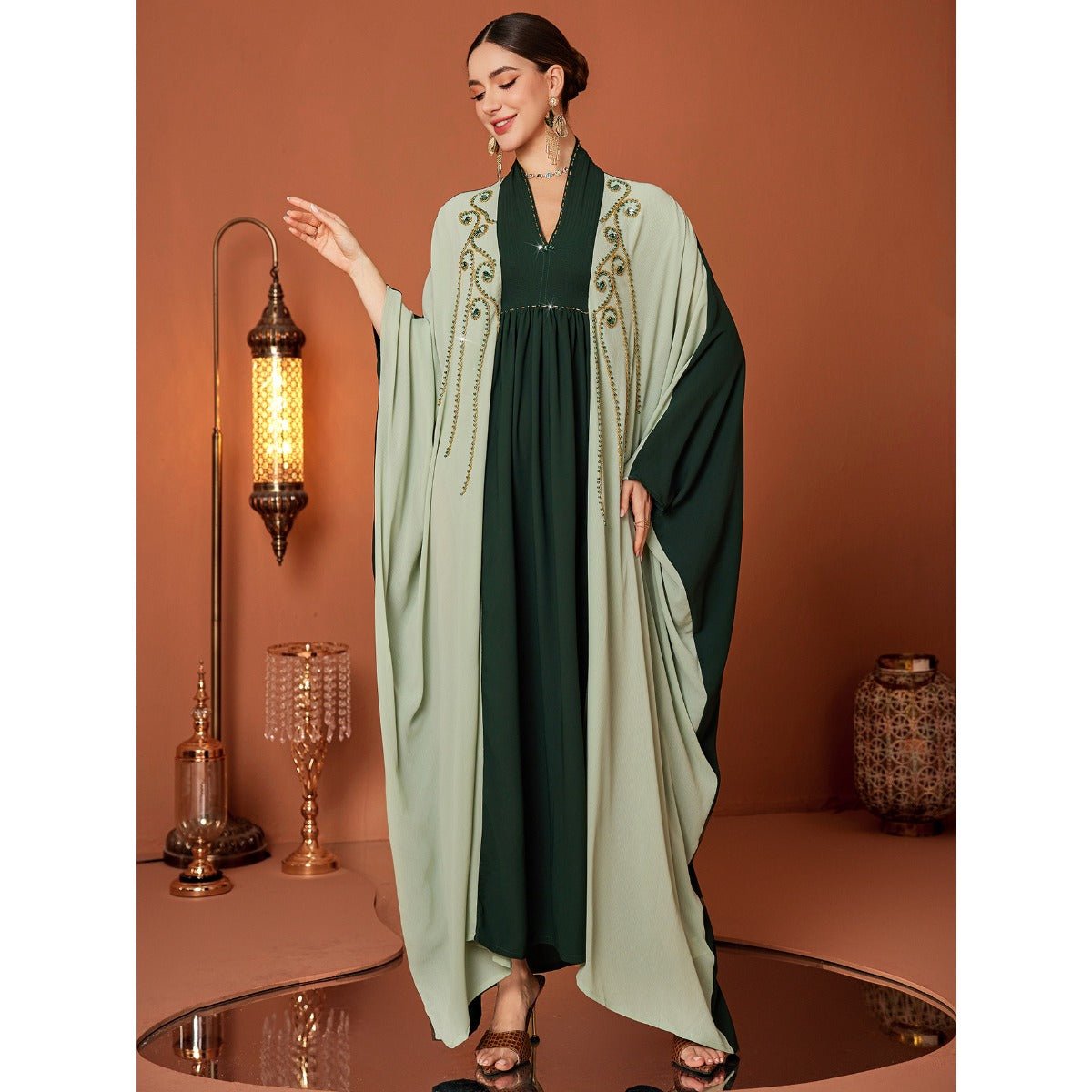 Modest Luxury Dark Green Hand - Embroidered Bead Bat - Sleeve Abaya(MA274) - Mariam's Collection