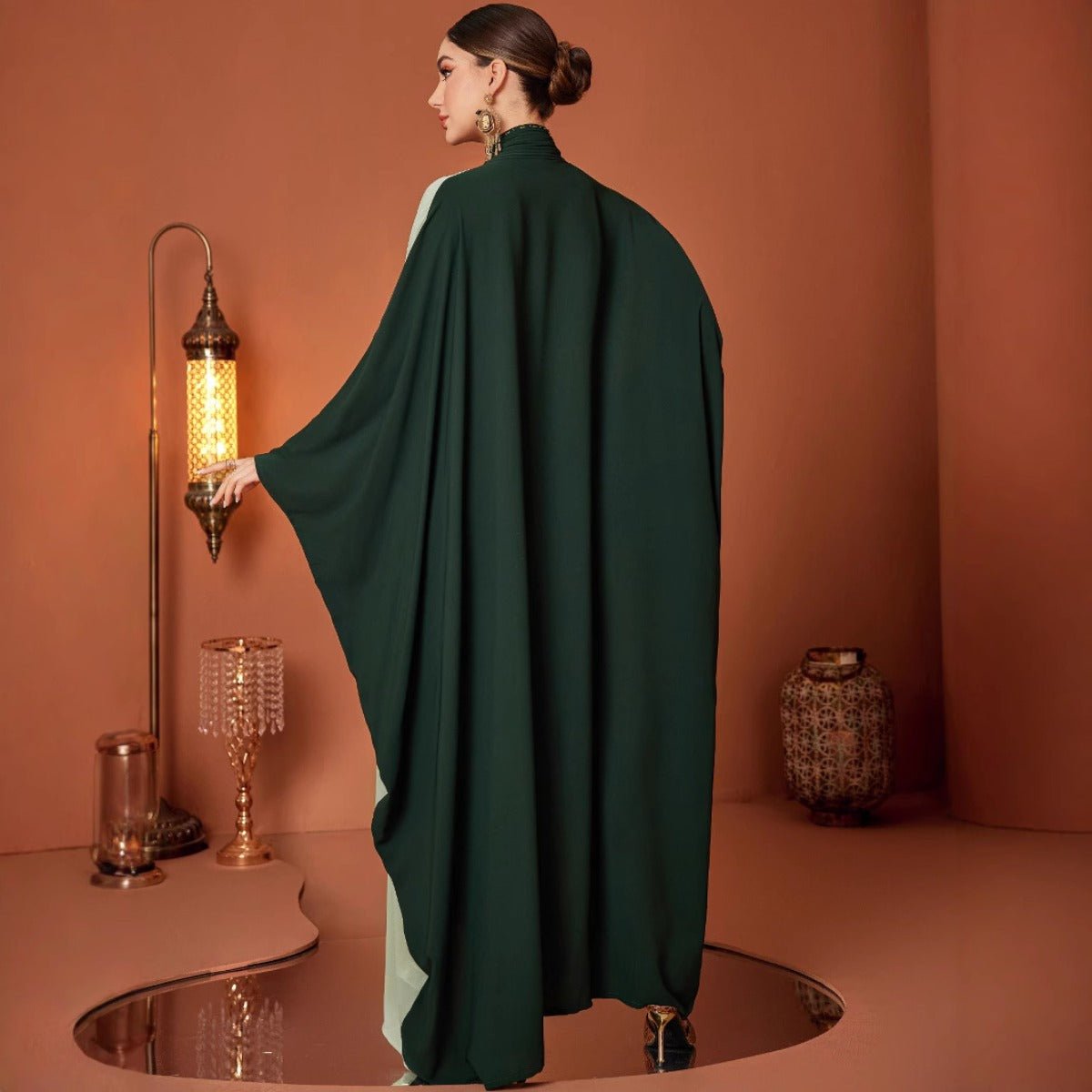 Modest Luxury Dark Green Hand - Embroidered Bead Bat - Sleeve Abaya(MA274) - Mariam's Collection