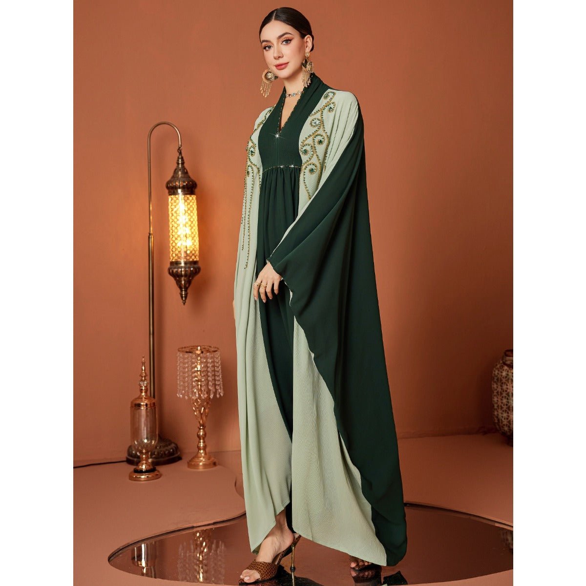 Modest Luxury Dark Green Hand - Embroidered Bead Bat - Sleeve Abaya(MA274) - Mariam's Collection