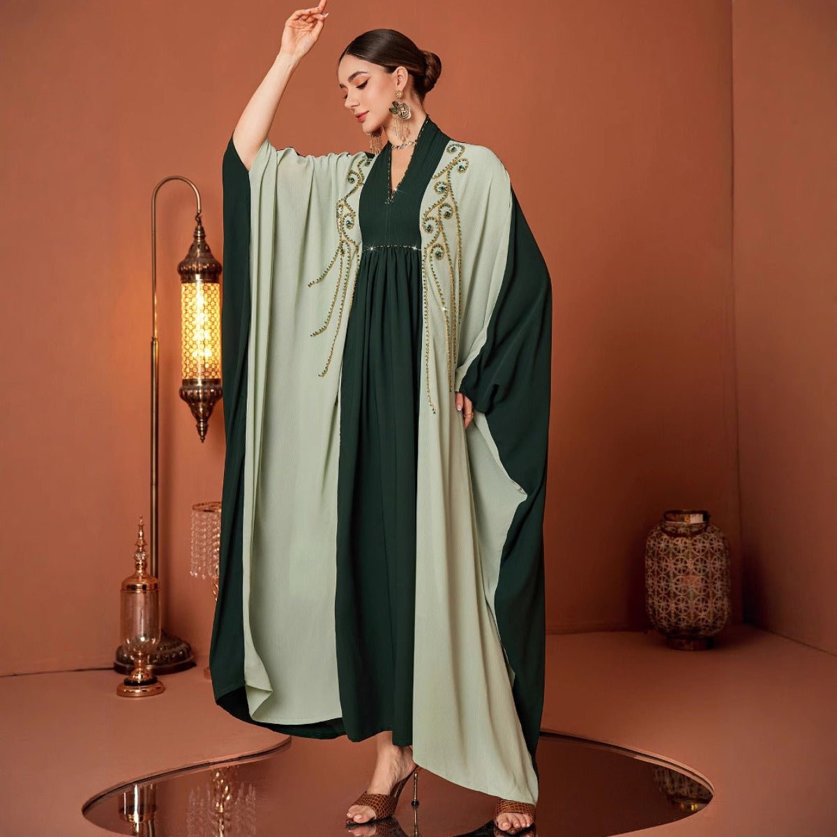 Modest Luxury Dark Green Hand - Embroidered Bead Bat - Sleeve Abaya(MA274) - Mariam's Collection