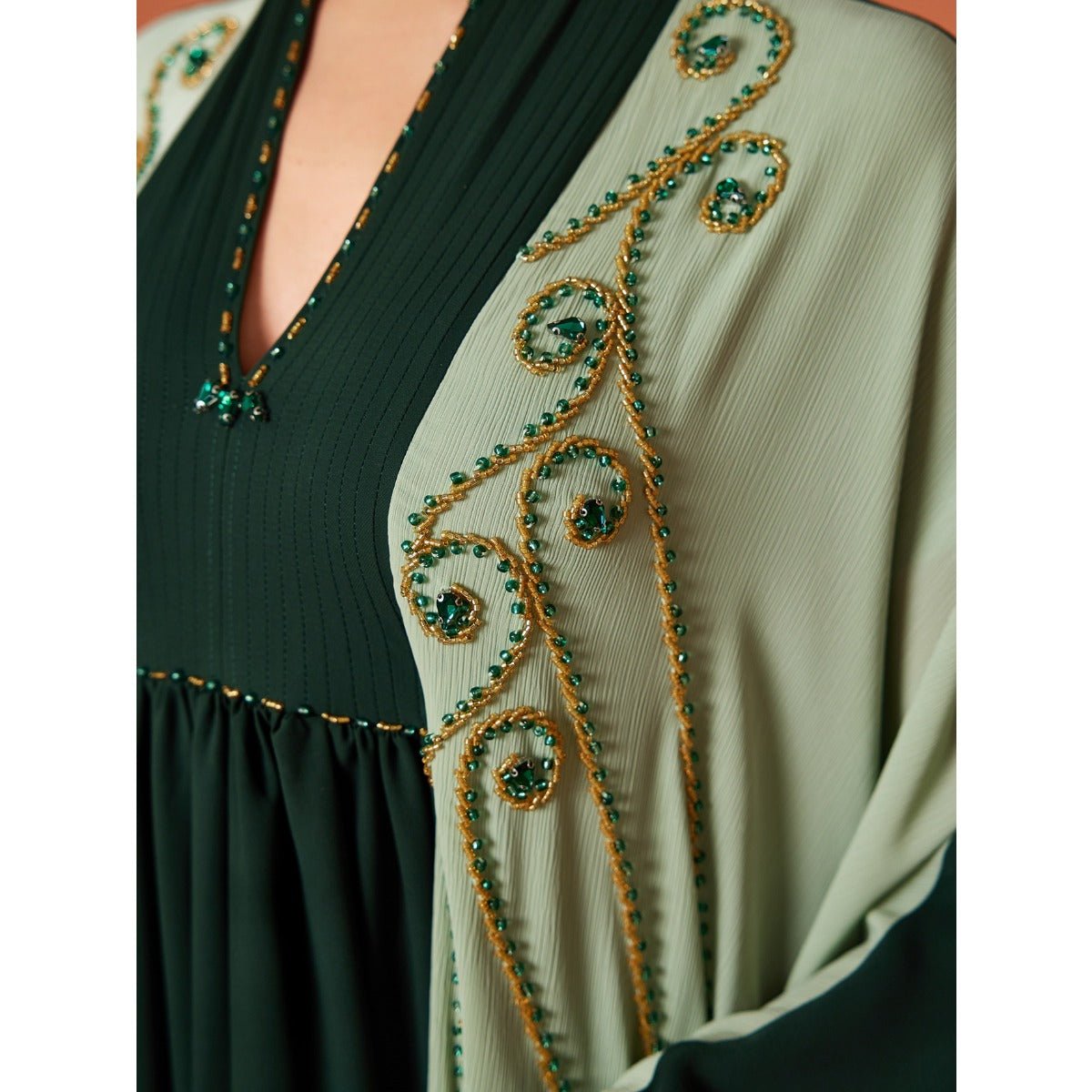 Modest Luxury Dark Green Hand - Embroidered Bead Bat - Sleeve Abaya(MA274) - Mariam's Collection