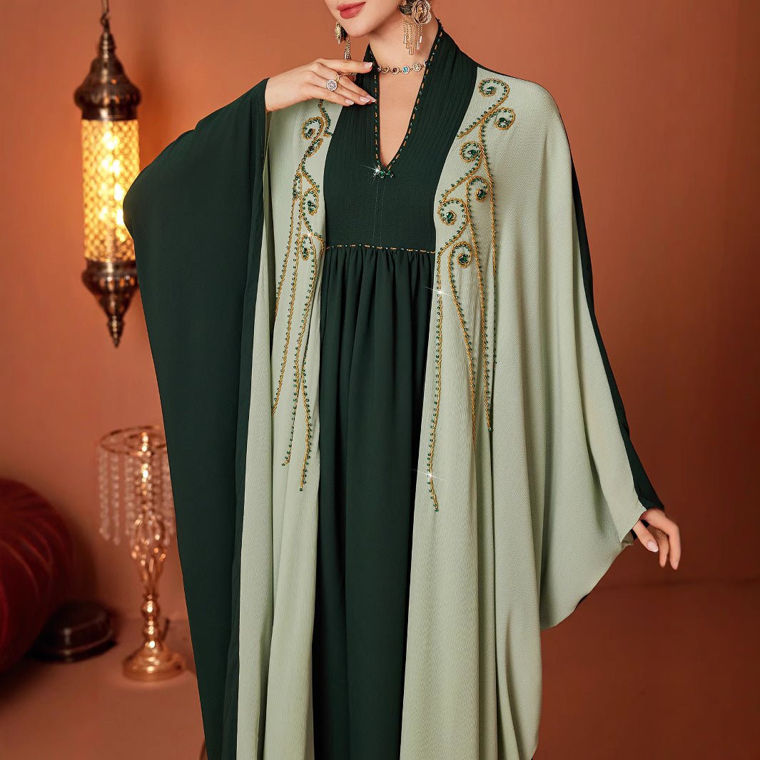 Modest Luxury Dark Green Hand - Embroidered Bead Bat - Sleeve Abaya(MA274) - Mariam's Collection