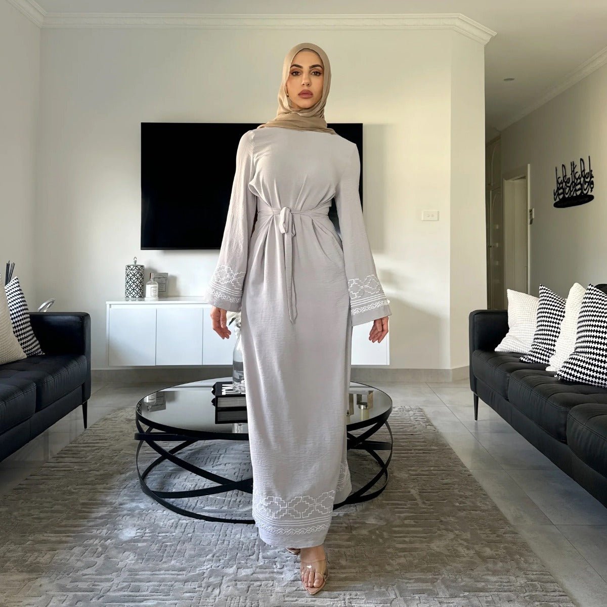 Modest Luxury Embroidered Flare Sleeve Abaya Collection | Muslim Dresses with White Geometric Embroidery. (MA262) - Mariam's Collection