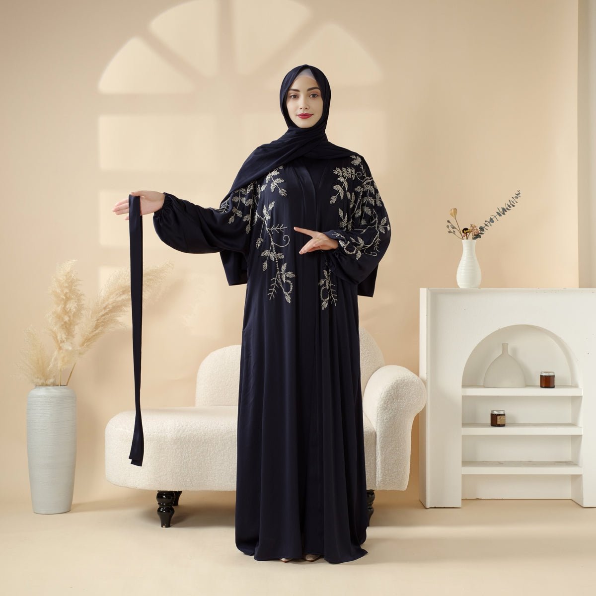 Modest Luxury Navy Blue Pleated Beaded Robe Abaya Set with Silver Embroidery. (MOA168) - Mariam's Collection