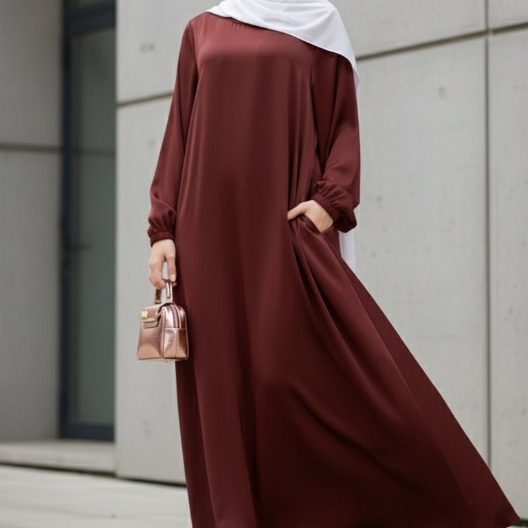 Modest Luxury Premium Satin Abaya | Umbrella Cut A - Line Abaya with Pockets (MA311) - Mariam's Collection