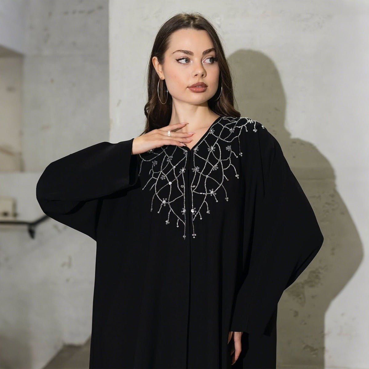 Modest Muslim Loose Fit Black Diamond Embellished V - Neck Abaya Dress(MOA208) - Mariam's Collection