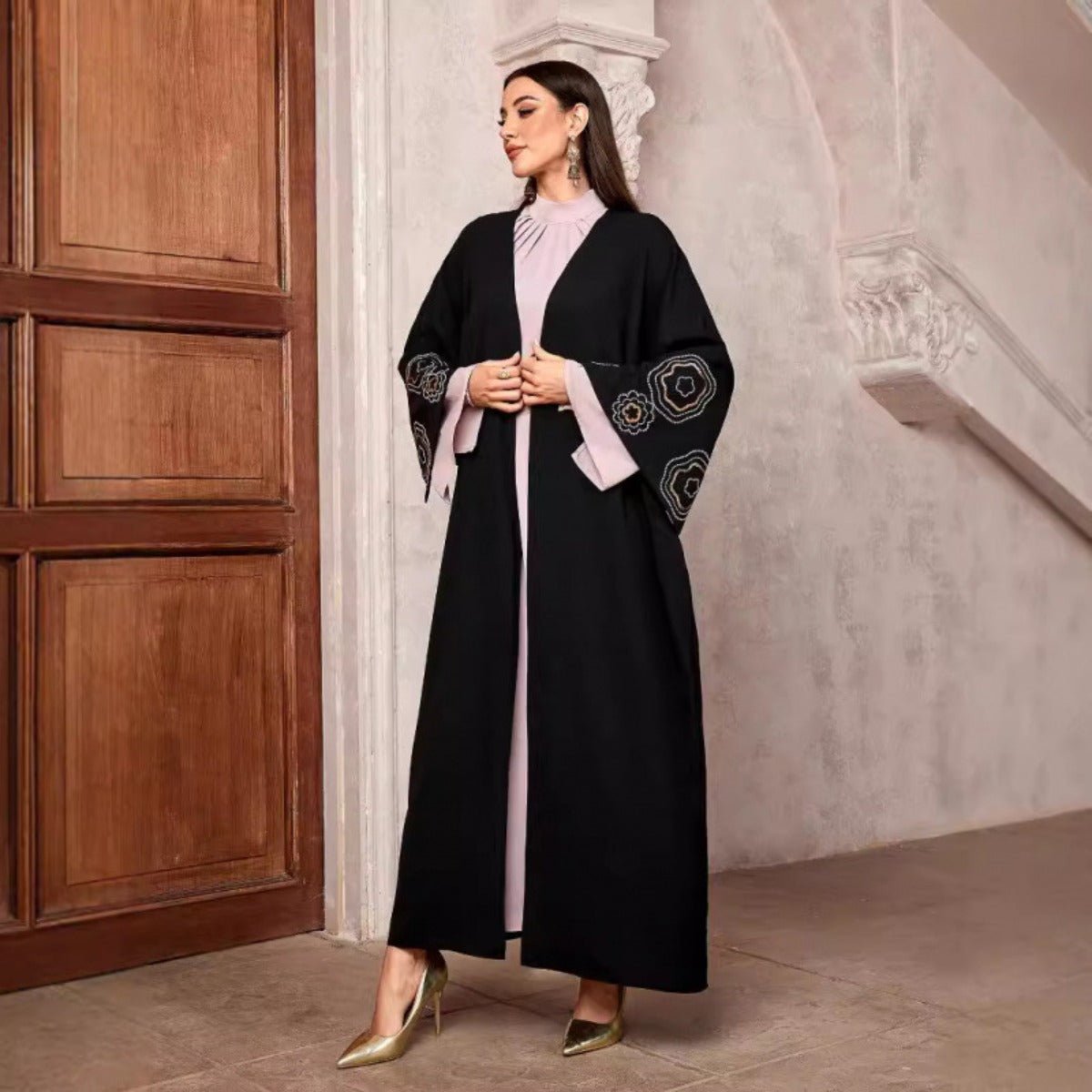 Modest Muslim Luxury Batwing Abaya Set | Black Embroidered Cardigan & Lavender Dress. (MOA181) - Mariam's Collection