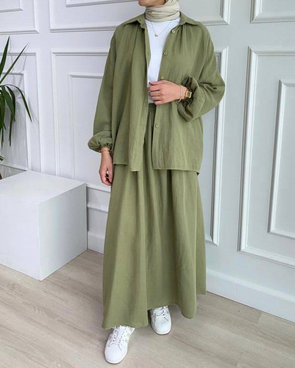 muslim dress woman Modest Muslim Women's Bubble Sleeve Shirt Jacket & Skirt Layered Dress Set(MS078), Army green / L