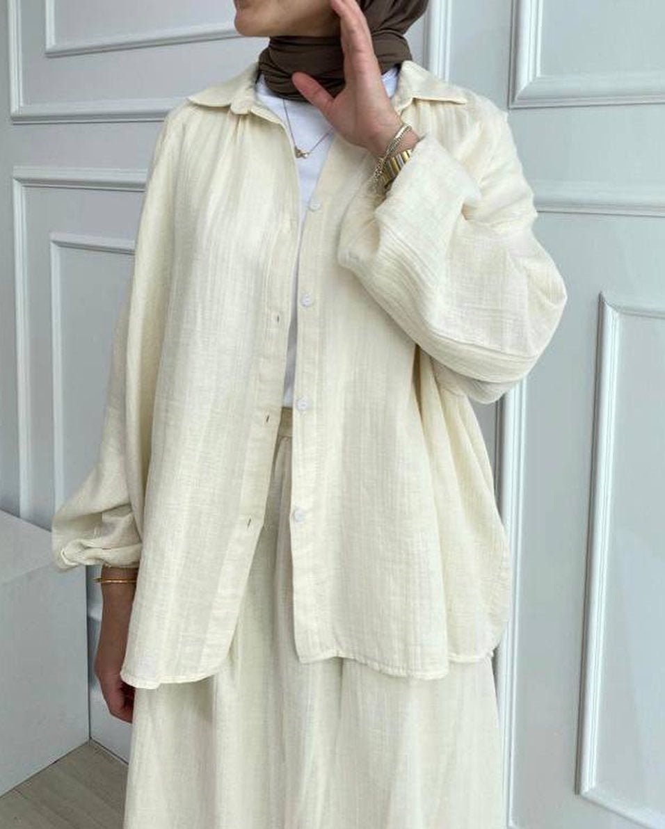 shirt dress muslim women IBTOM CASTLE Abaya Dress for Women Muslim Set Long Sleeve Chiffon Islamic Dress Shirt with Pants 2PCS Dubai Prayer Casual Clothes M Khaki