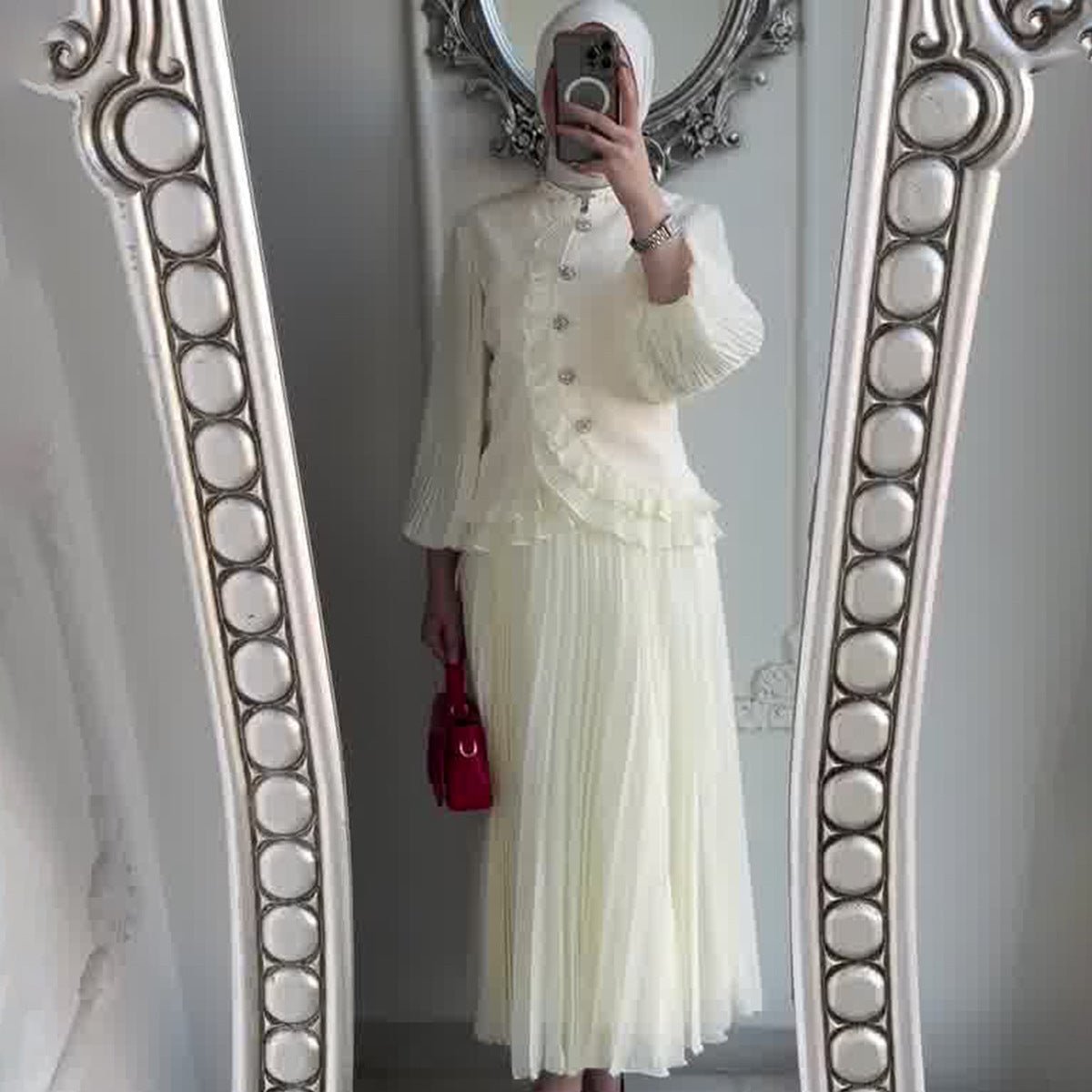 Modest Muslim Women's Pleated Loose Blouse & Subtle Pleated Skirt Set with Pearl Embellishments. (MS080) - Mariam's Collection