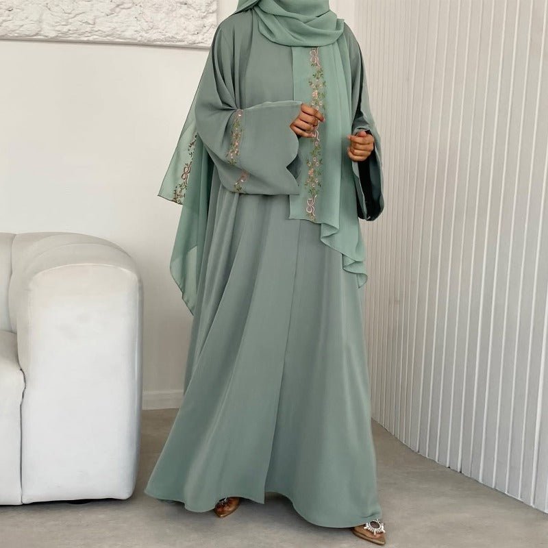 Modest Nida Fabric Floral Embroidered Abaya With Bell Sleeves | 3 - Piece Set (MOA229) - Mariam's Collection