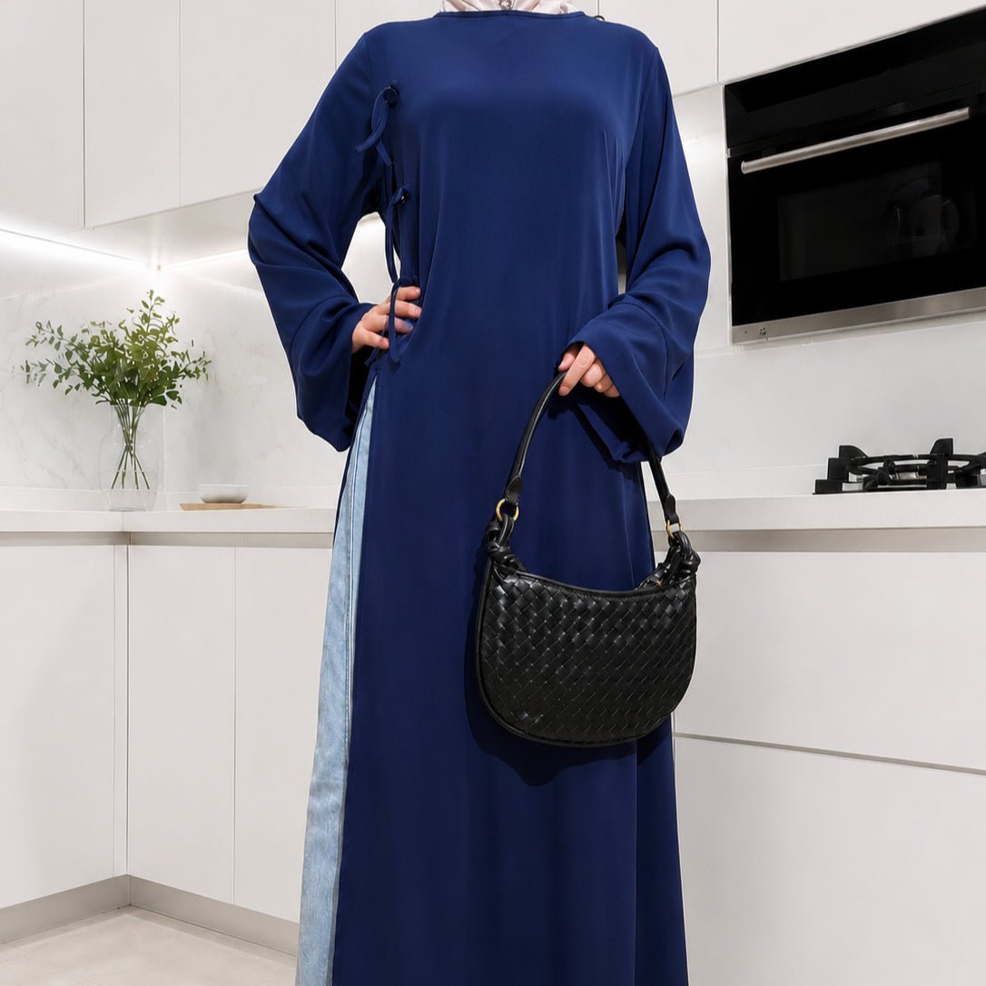 Modest Nida tunic top with drawstring tied into soft bow, full-length profile view