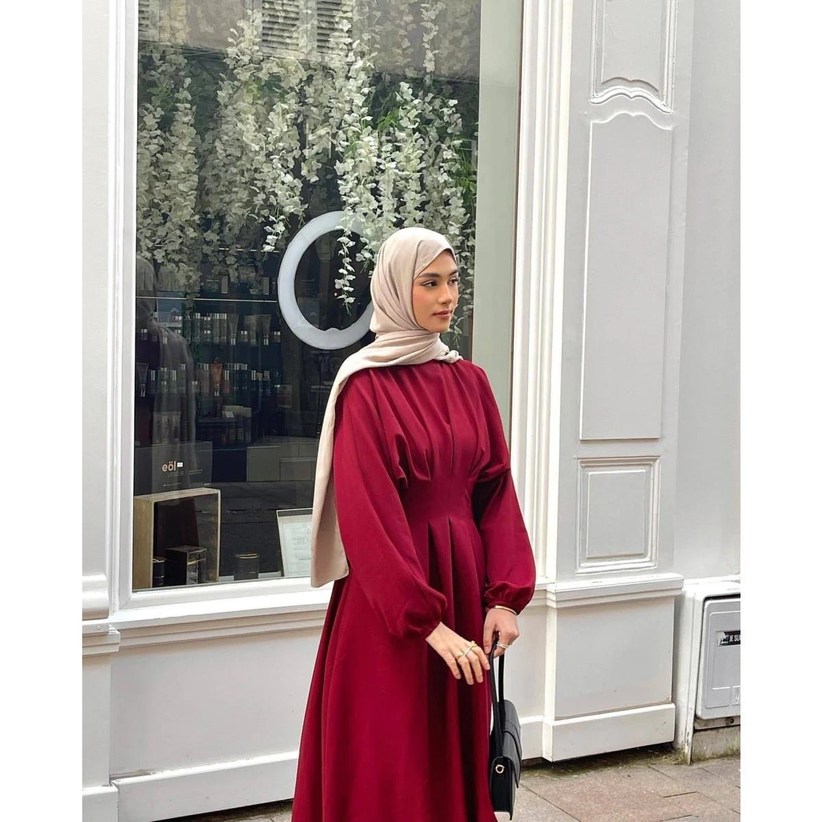 Modest Pleated Solid Color Tie - Sleeve Maxi Dress (MA171) - Mariam's Collection