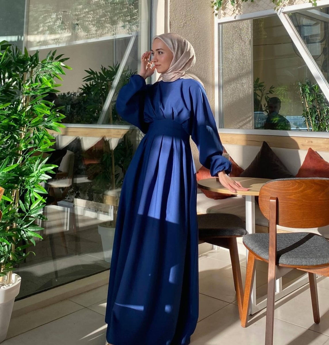 Modest Pleated Solid Color Tie - Sleeve Maxi Dress (MA171) - Mariam's Collection