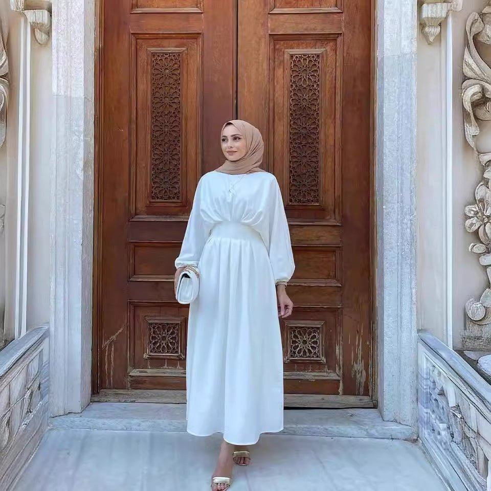 Modest Pleated Solid Color Tie - Sleeve Maxi Dress (MA171) - Mariam's Collection