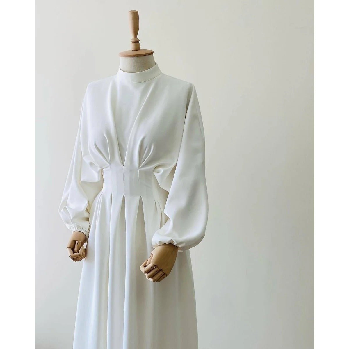 Modest Pleated Solid Color Tie - Sleeve Maxi Dress (MA171) - Mariam's Collection