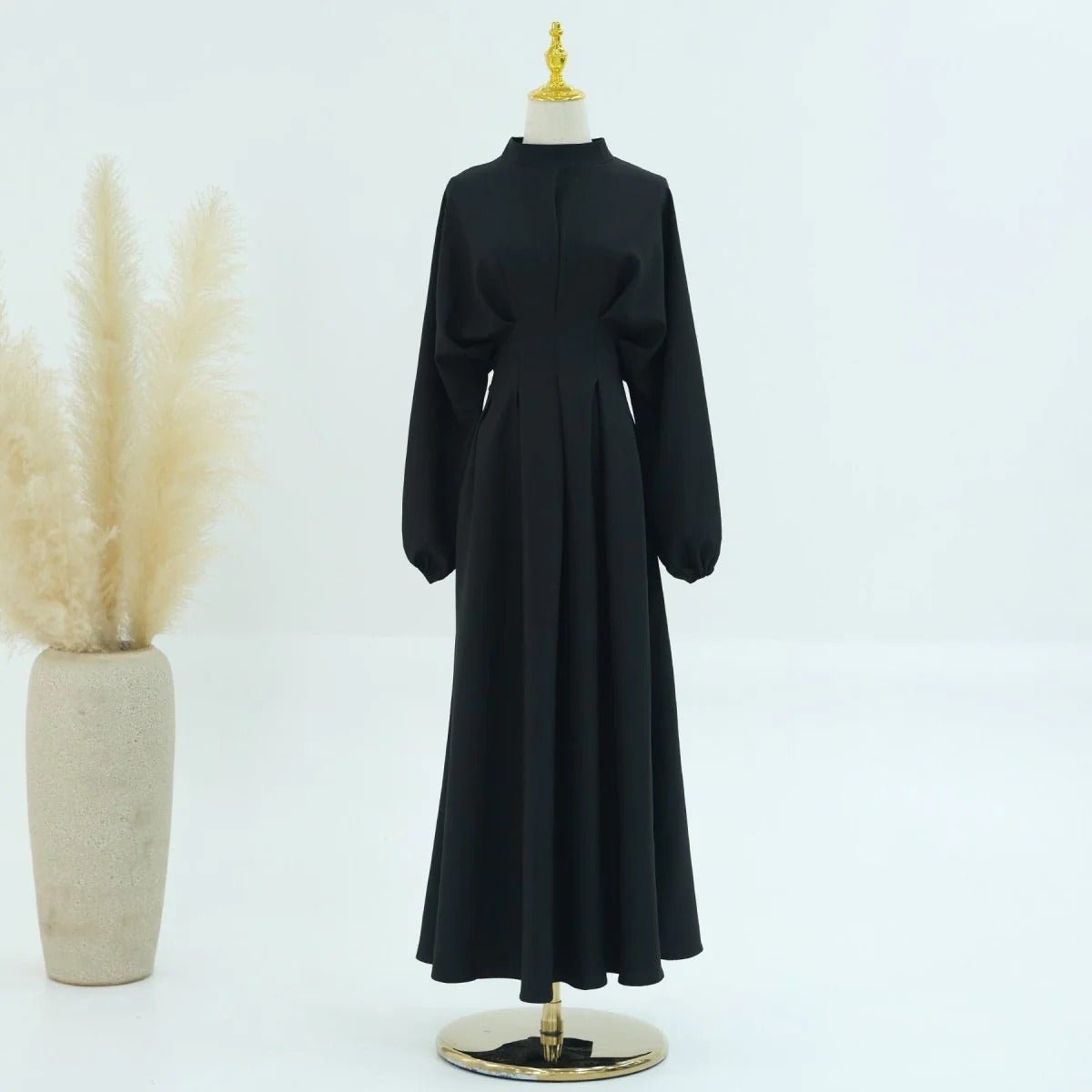 Modest Pleated Solid Color Tie - Sleeve Maxi Dress (MA171) - Mariam's Collection