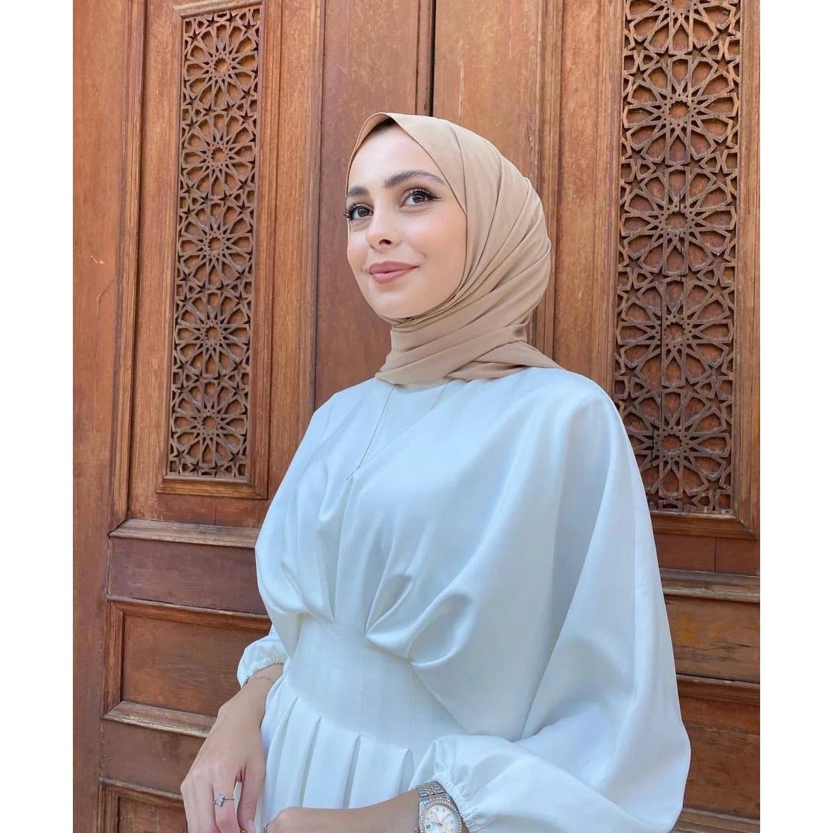 Modest Pleated Solid Color Tie - Sleeve Maxi Dress (MA171) - Mariam's Collection