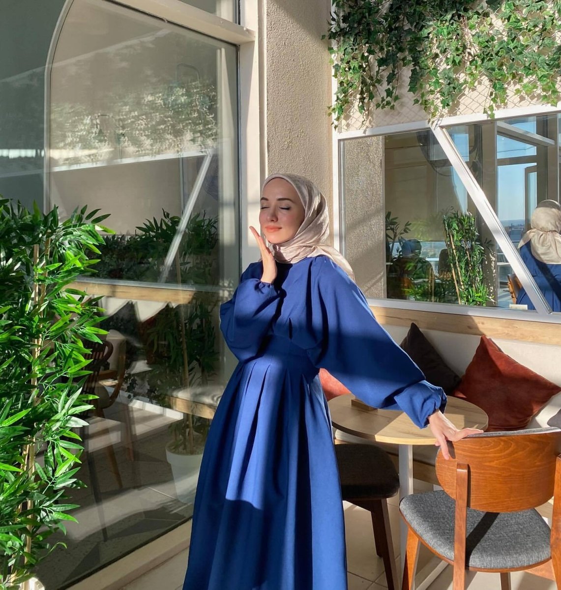 Modest Pleated Solid Color Tie - Sleeve Maxi Dress (MA171) - Mariam's Collection