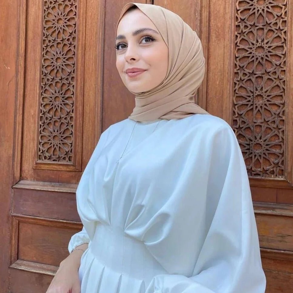 Modest Pleated Solid Color Tie - Sleeve Maxi Dress (MA171) - Mariam's Collection