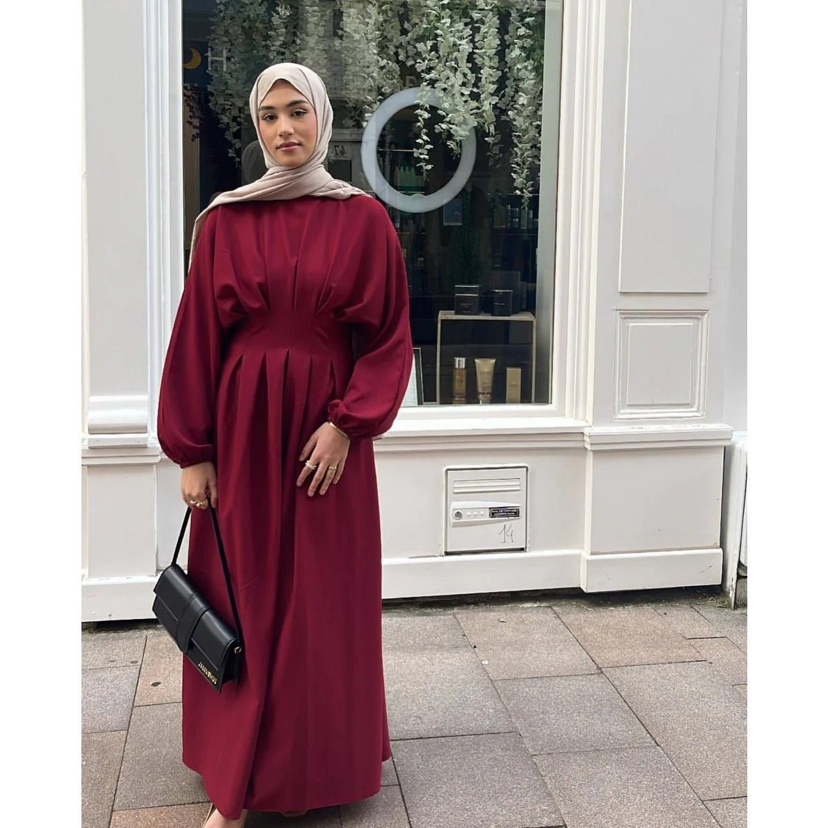 Modest Pleated Solid Color Tie - Sleeve Maxi Dress (MA171) - Mariam's Collection