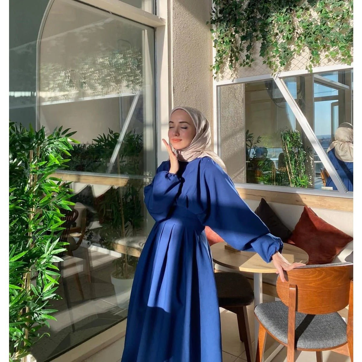 Modest Pleated Solid Color Tie - Sleeve Maxi Dress (MA171) - Mariam's Collection