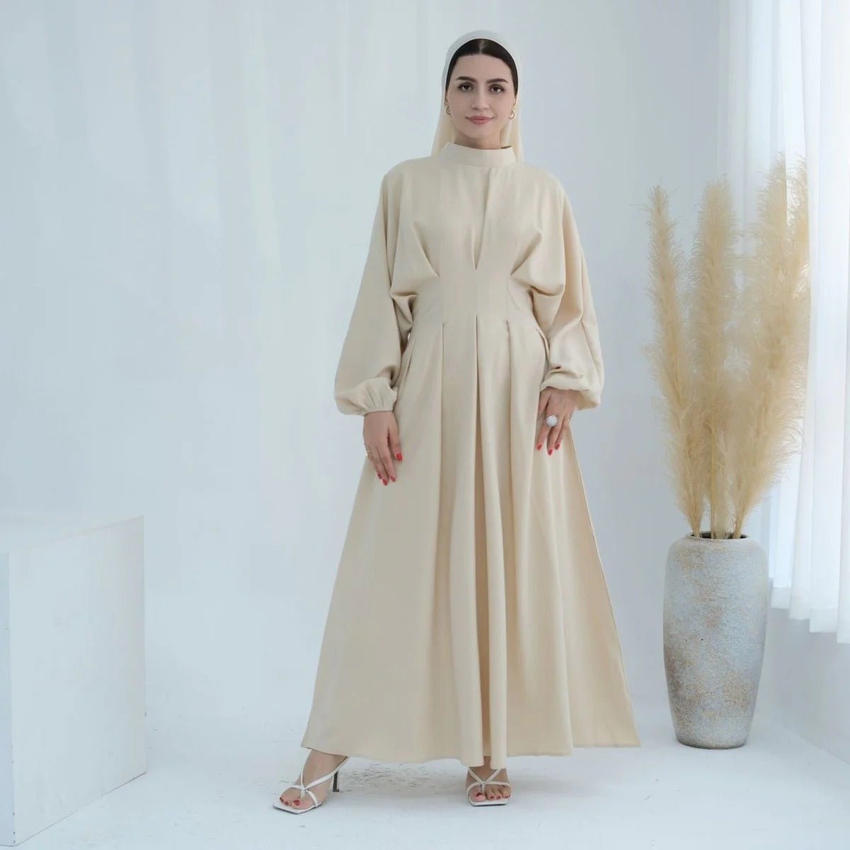 Modest Pleated Solid Color Tie - Sleeve Maxi Dress (MA171) - Mariam's Collection