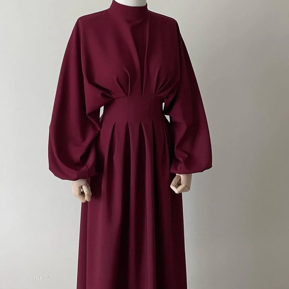 Modest Pleated Solid Color Tie - Sleeve Maxi Dress (MA171) - Mariam's Collection