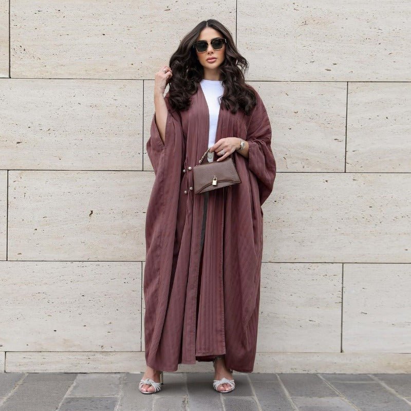 V-Neck Abaya Cardigan Robe | Bat Sleeve Kimono Cover-Up With Pearl Buttons (MOA226)