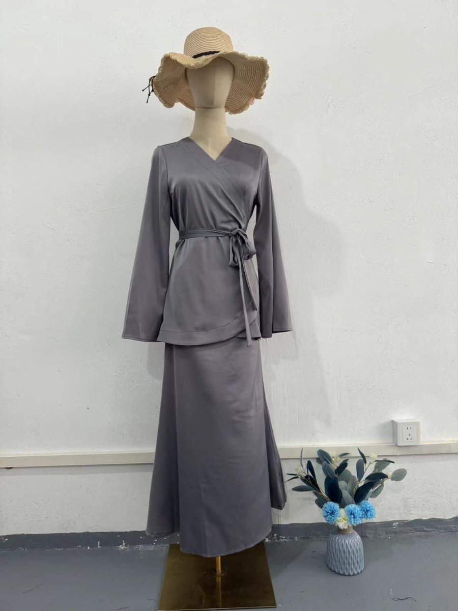 grey two piece dress Two Piece Deep V Neck Slit Grey Satin Prom Dresss With Beading PG526 US10 / Grey