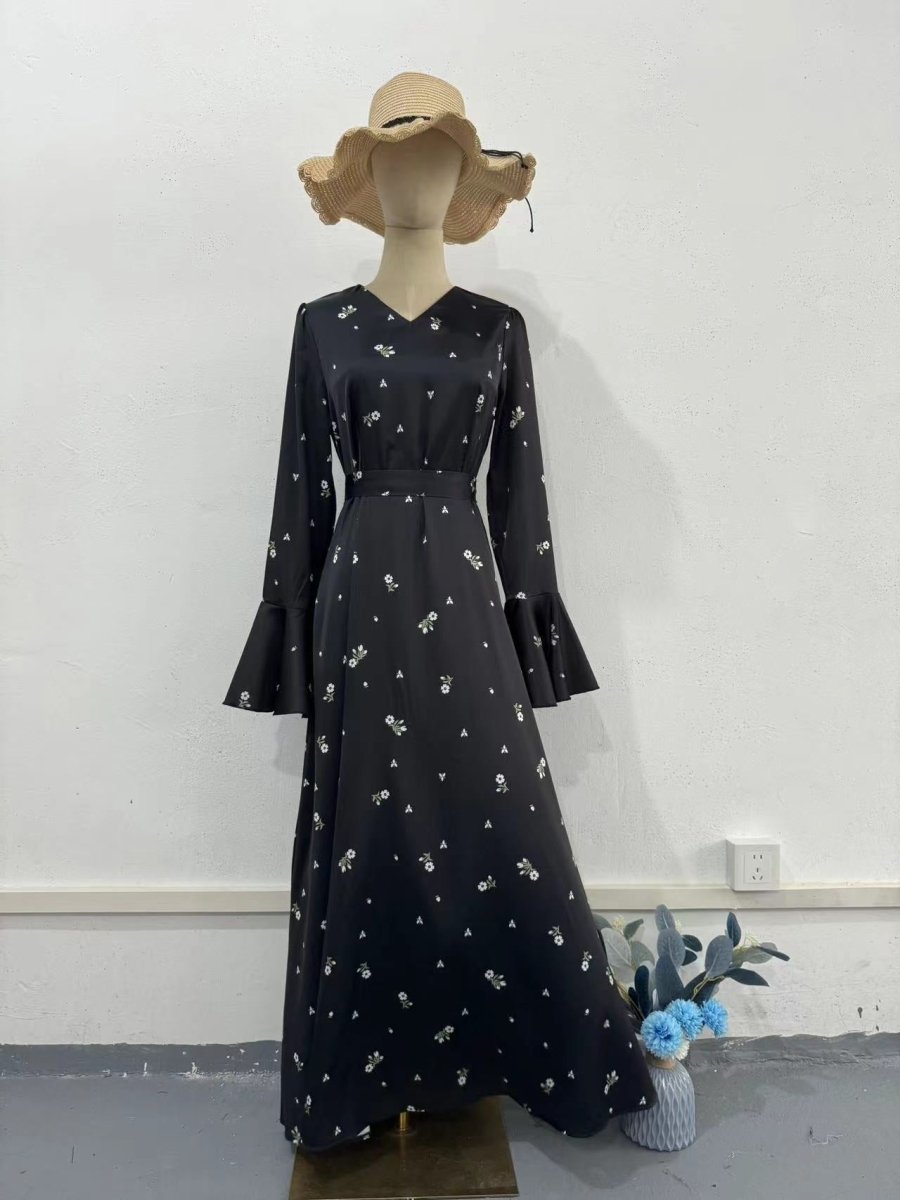 Modest V-Neck Boho Chiffon Black Floral Abaya Dress with Lotus Sleeve Flared Bell Sleeves.(MA202) Black / S