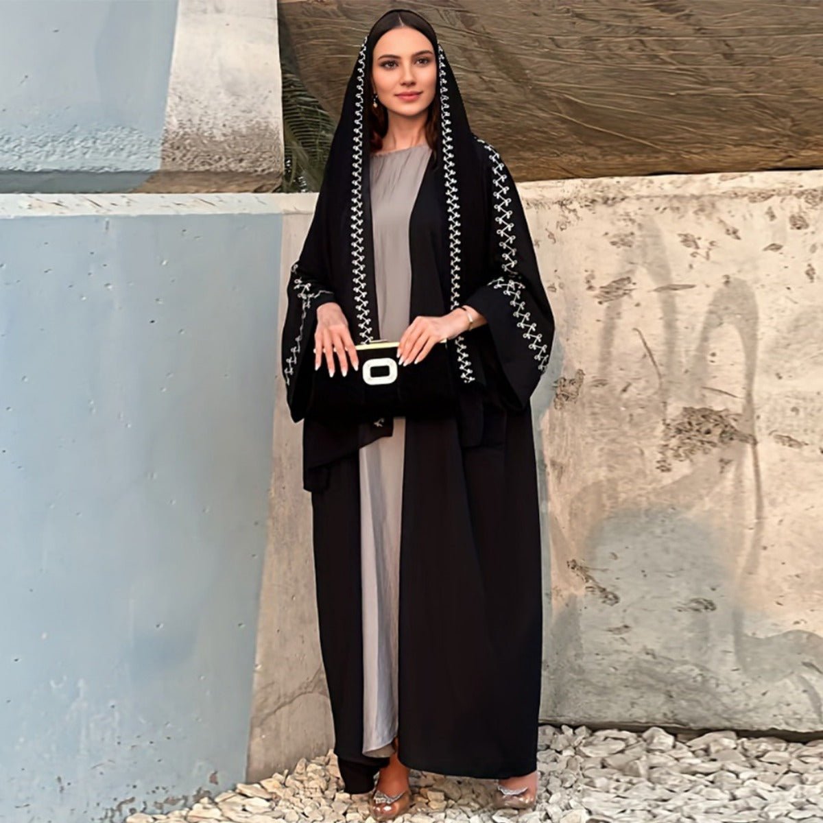 Moonlight Embroidered Abaya Set | Batwing Sleeve Robe with Matching Hijab. (MOA183) - Mariam's Collection