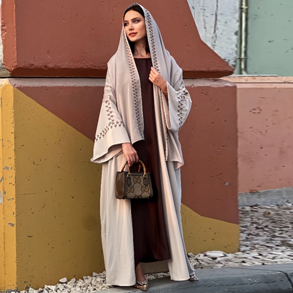 Moonlight Embroidered Abaya Set | Batwing Sleeve Robe with Matching Hijab. (MOA183) - Mariam's Collection