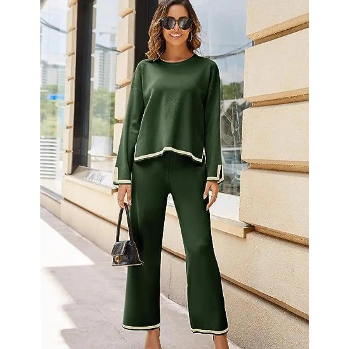 MS003 2 Piece Outfits Long Sleeve Knit Sweater Top Wide Leg Pants Lounge Sets - Mariam's Collection