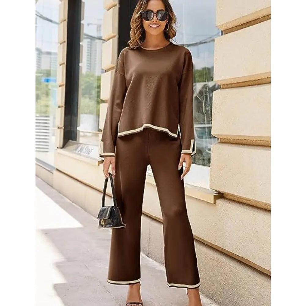 MS003 2 Piece Outfits Long Sleeve Knit Sweater Top Wide Leg Pants Lounge Sets - Mariam's Collection