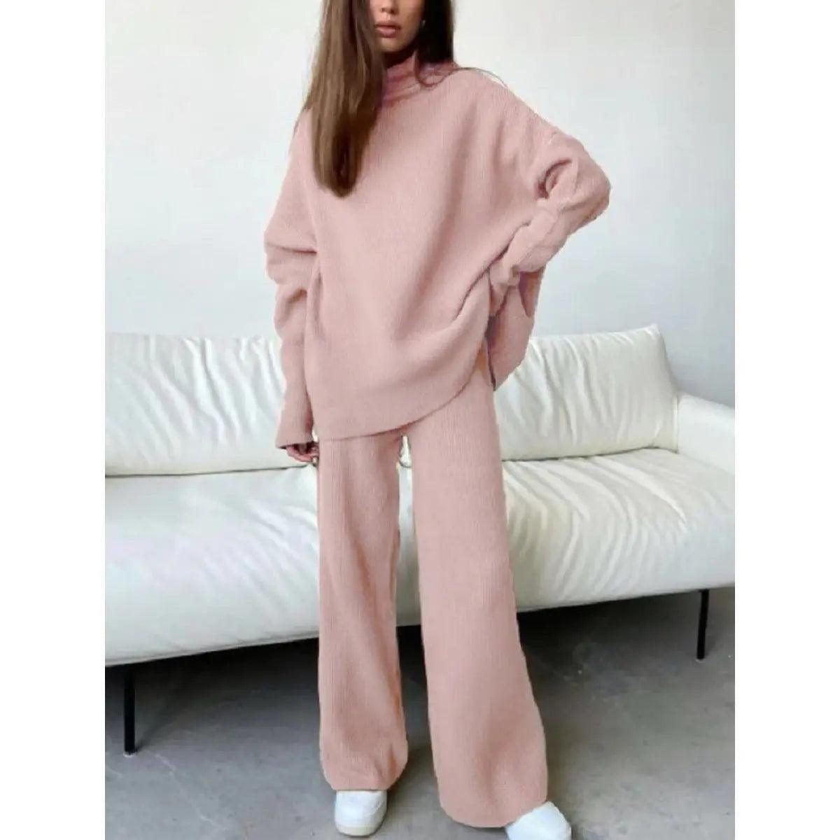 MS005 2 Piece Outfits Knitted With Wide Leg Pants Cozy Knit Sweatsuit Sets - Mariam's Collection