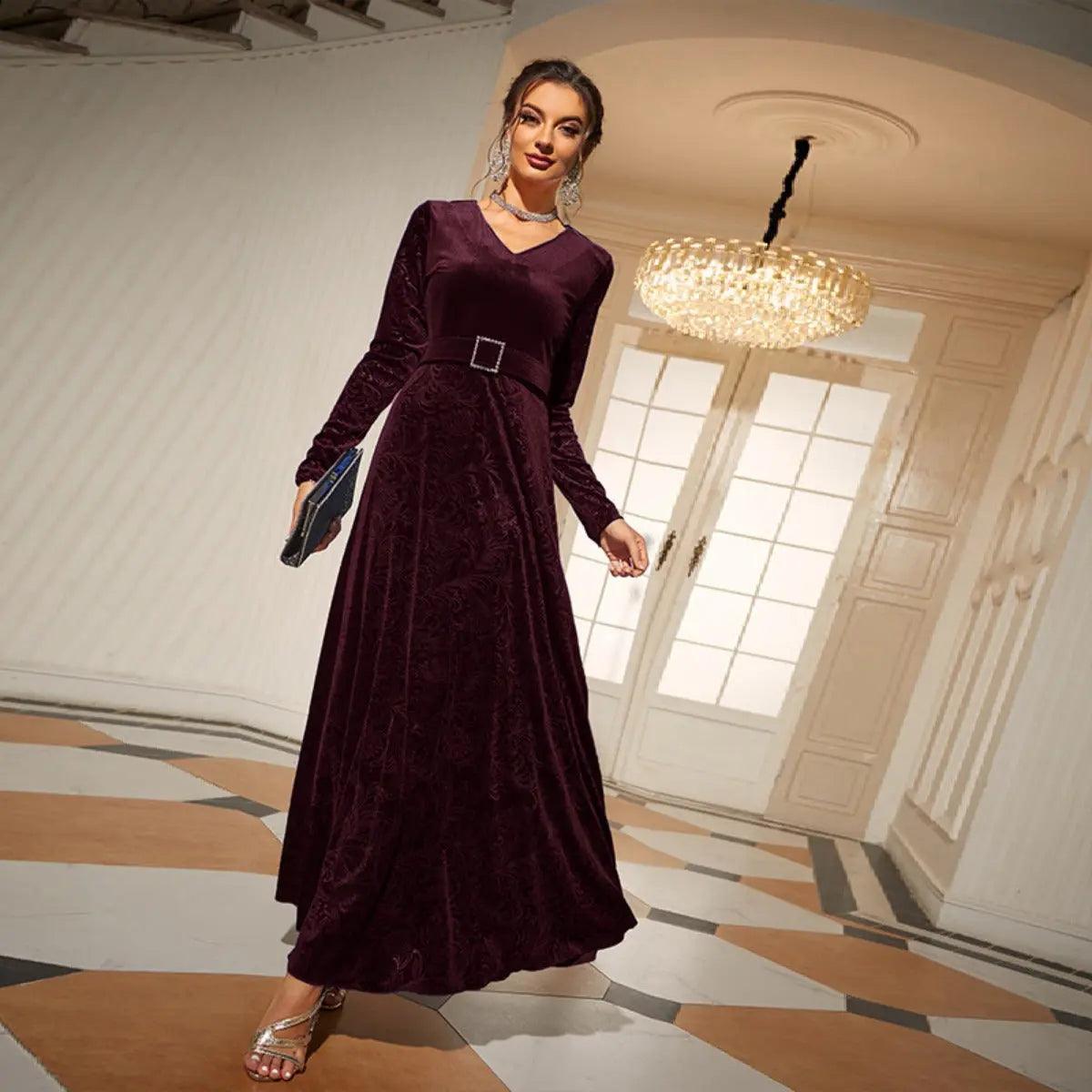 MS011 Elegant V Neck Long Sleeve High Waist Flared Maxi Velvet Dress Mariam s Collection