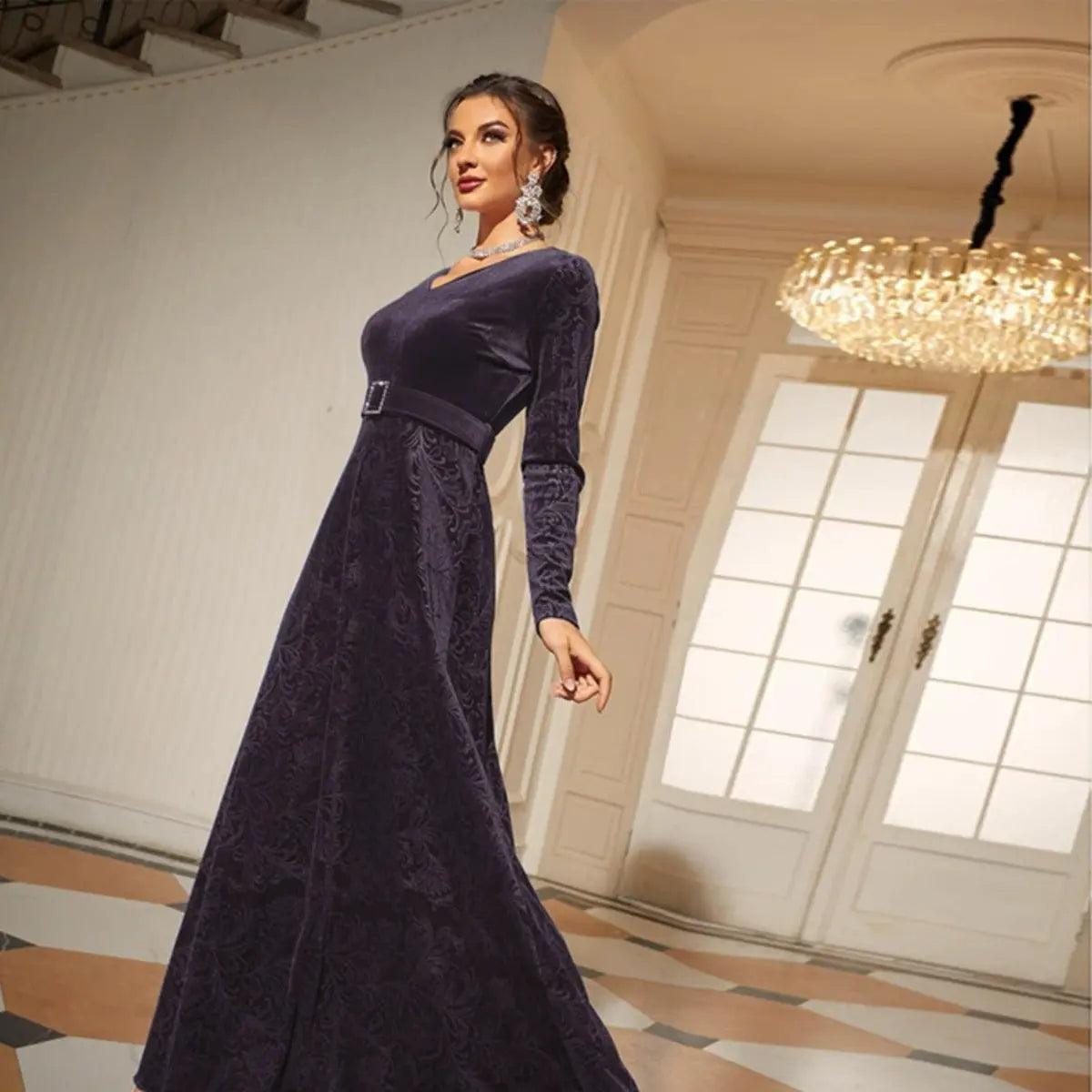 MS011 Elegant V-Neck Long Sleeve High Waist Flared Maxi Velvet Dress - Mariam's Collection