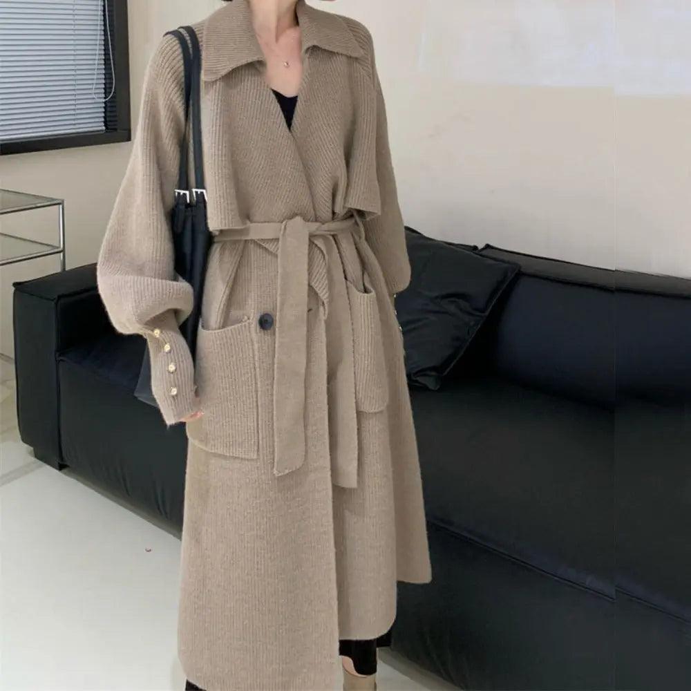 MS016 Mid Length Knitted Trench Coat Sweater - Mariam's Collection