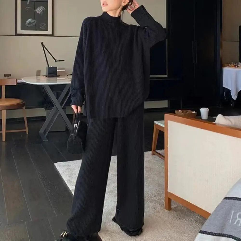 MS018 2 Piece Outfits Casual Loose Turtleneck Long Sleeve Knit Top and Wide Leg Pants - Mariam's Collection