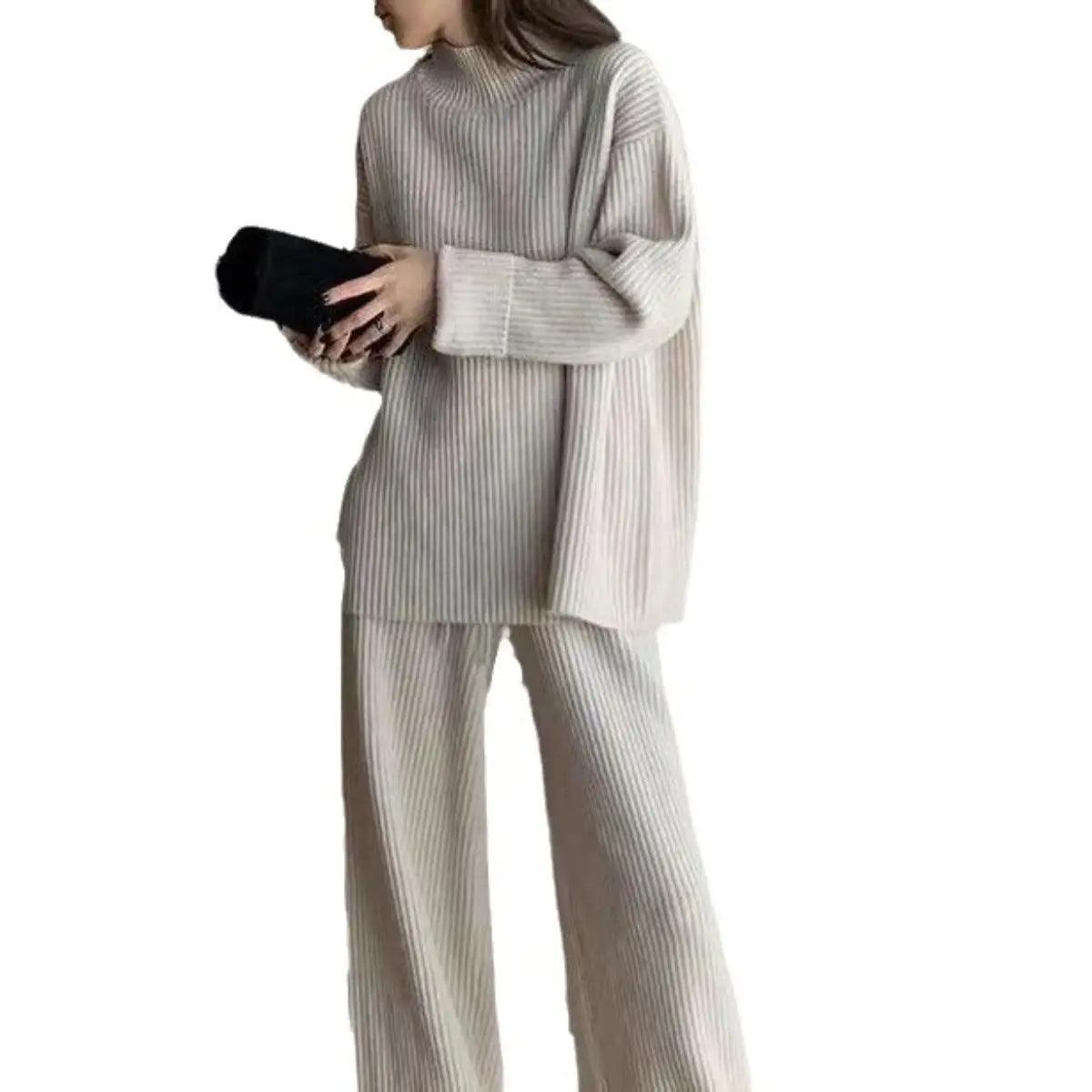 MS018 2 Piece Outfits Casual Loose Turtleneck Long Sleeve Knit Top and Wide Leg Pants - Mariam's Collection