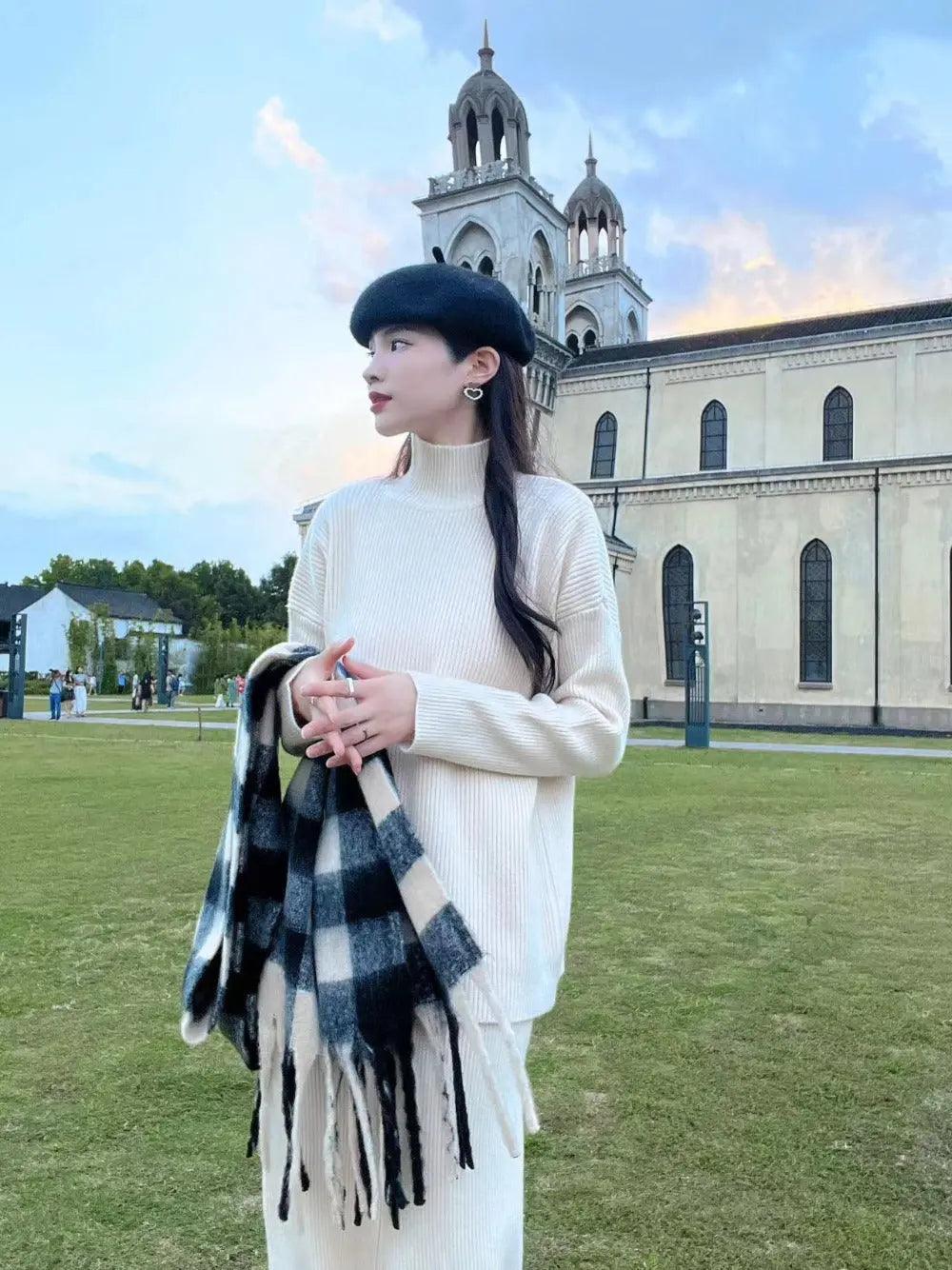 MS018 2 Piece Outfits Casual Loose Turtleneck Long Sleeve