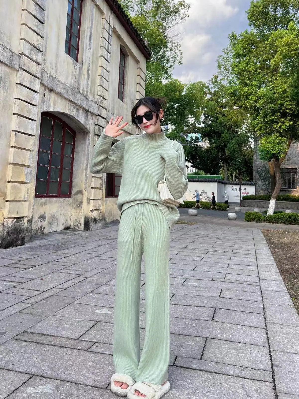 MS018 2 Piece Outfits Casual Loose Turtleneck Long Sleeve