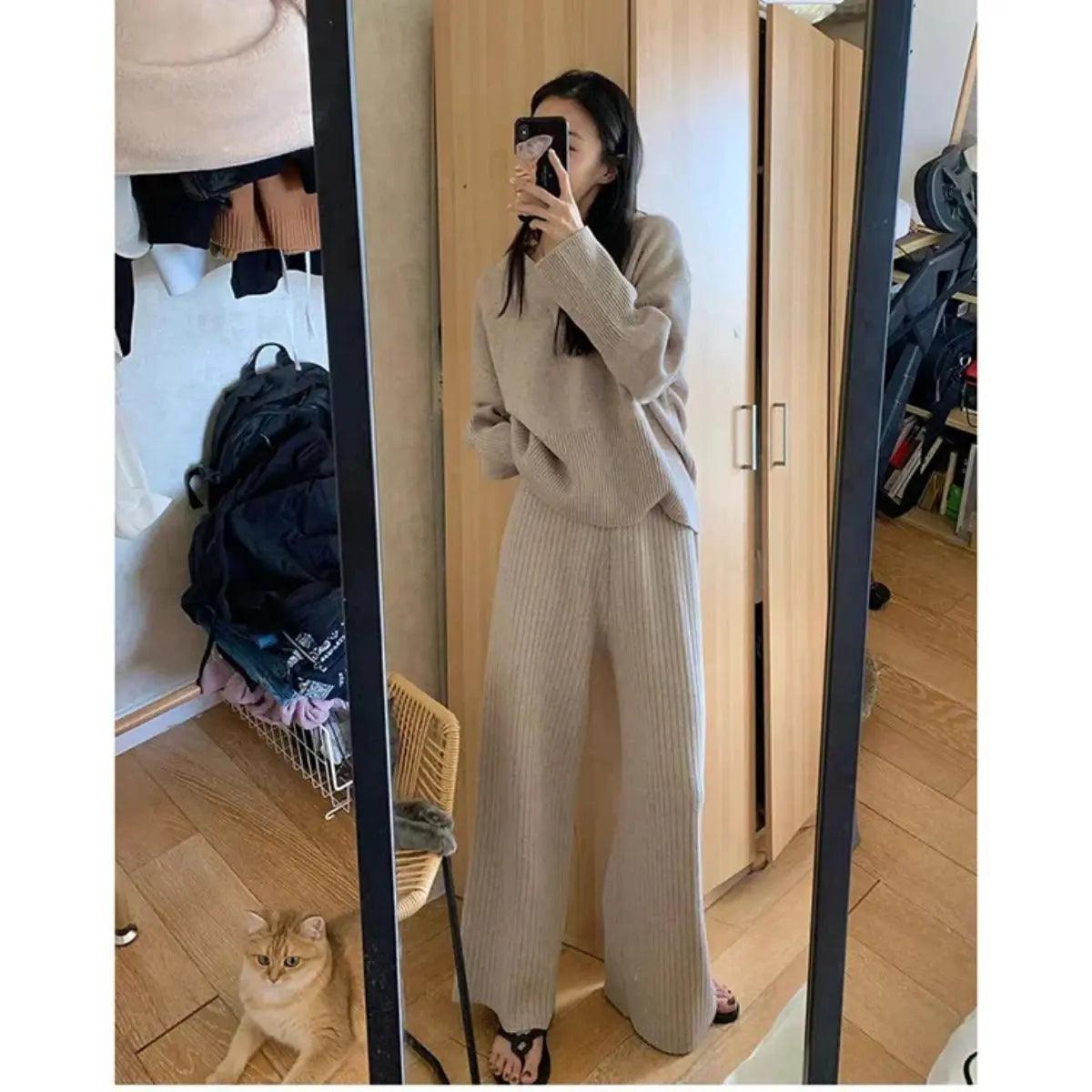 MS019 2 Piece Outfits Sweater High Waist Wide Leg Pants And Long Sleeve Knit V Neck Pullover - Mariam's Collection