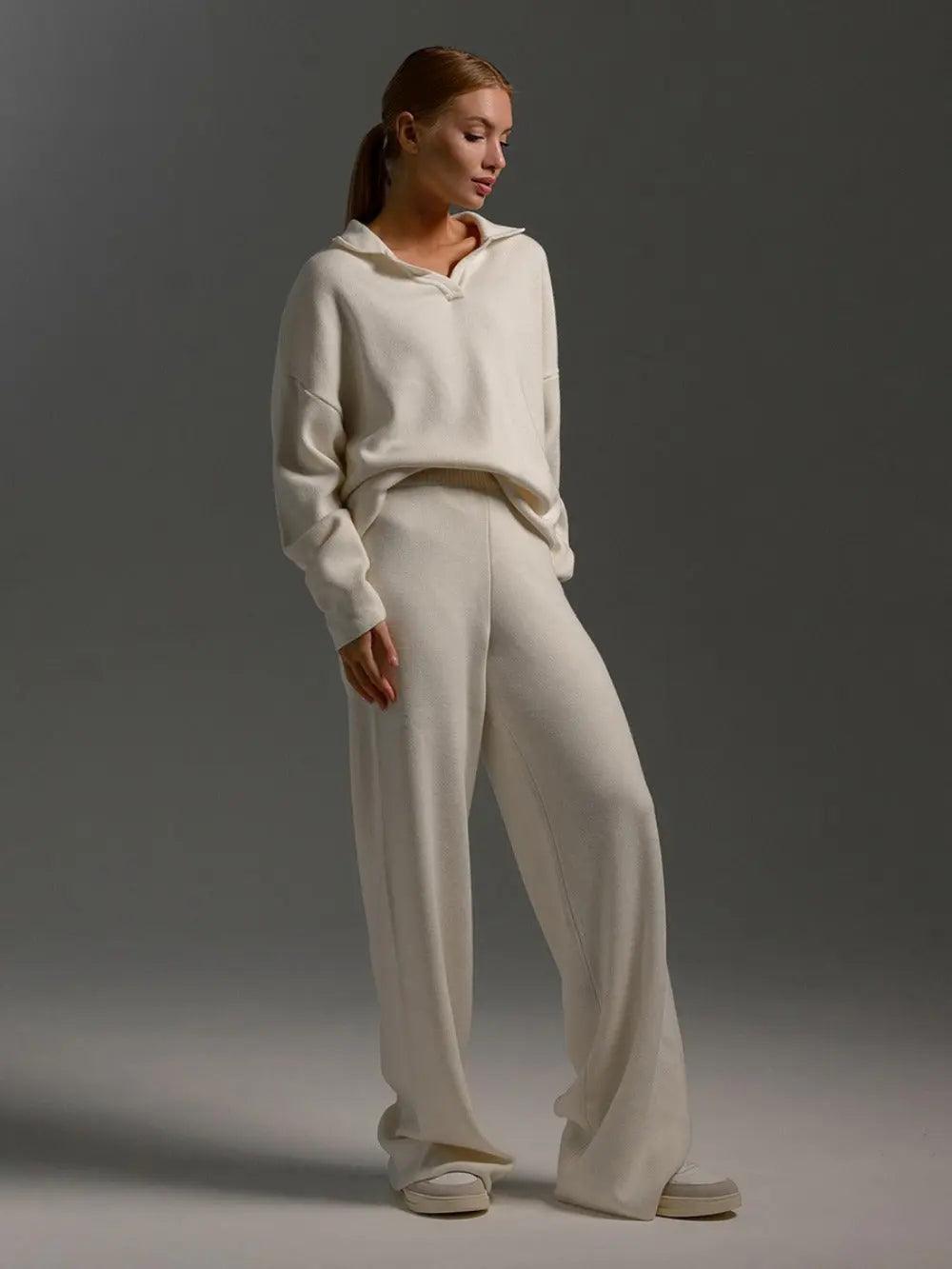 MS021 Knitted Suits Soft Polo Neck Sweater & Wide Leg Pants 2 Pieces Sets - Mariam's Collection