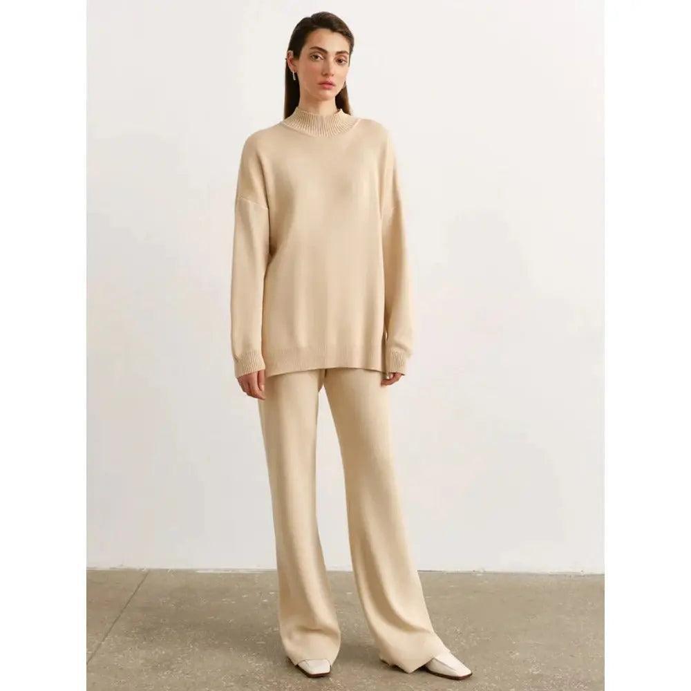 MS022 Solid Color Knit Turtleneck Slit Sweater Set - Mariam's Collection